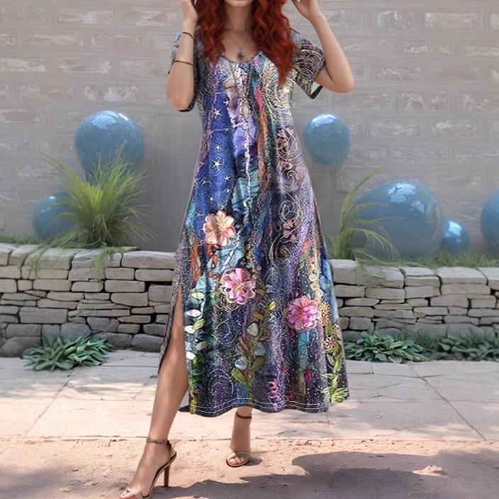 Women s Dress Loose Printed Mid-sleeved V-neck Ethnic Style Dress S