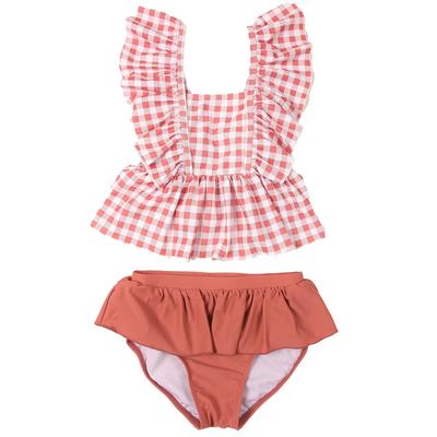 Gingham Shoulder Ruffle Swimsuit for Kids and Top and Bottom P52003 [AMUSA] Babies, 90, 100, 110, 120, 130cm, Separate, Children, Girls, 2-Piece Set,