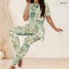 Women Plus Size Floral Printed Two Piece Set Round Neck Short Sleeve Light Green Fitted Long Pants Set