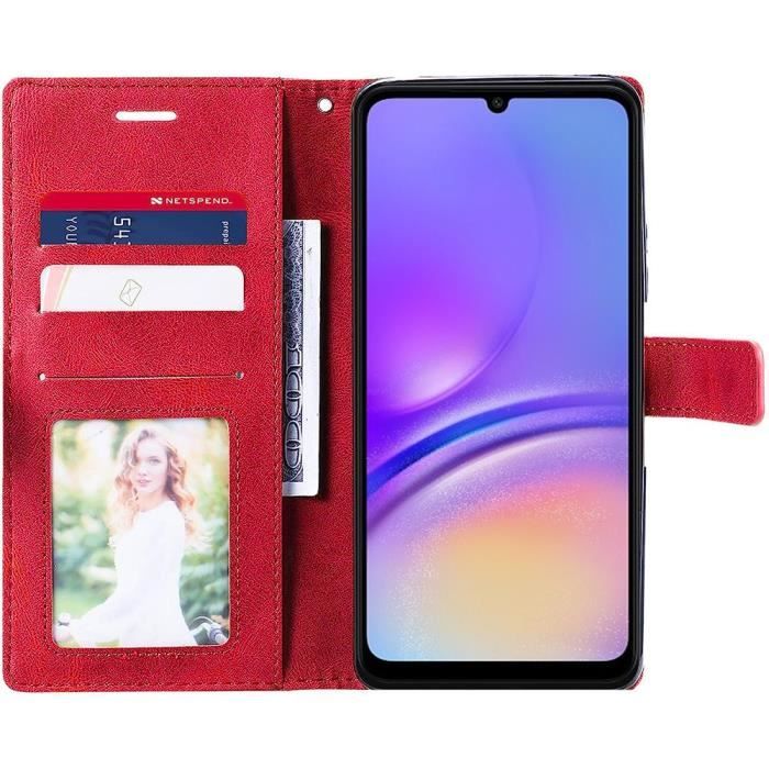 Coque - Samsung - Galaxy A05 - Rouge - Antichoc - Béquille Réglable - Cuir Rétro