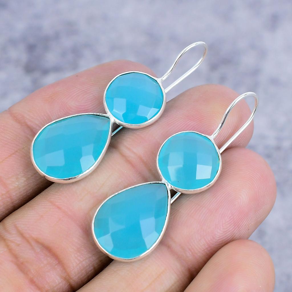 Blue Chalcedony Gemstone Handmade 925 Sterling Silver Jewelry Earring 1.77" M-2621