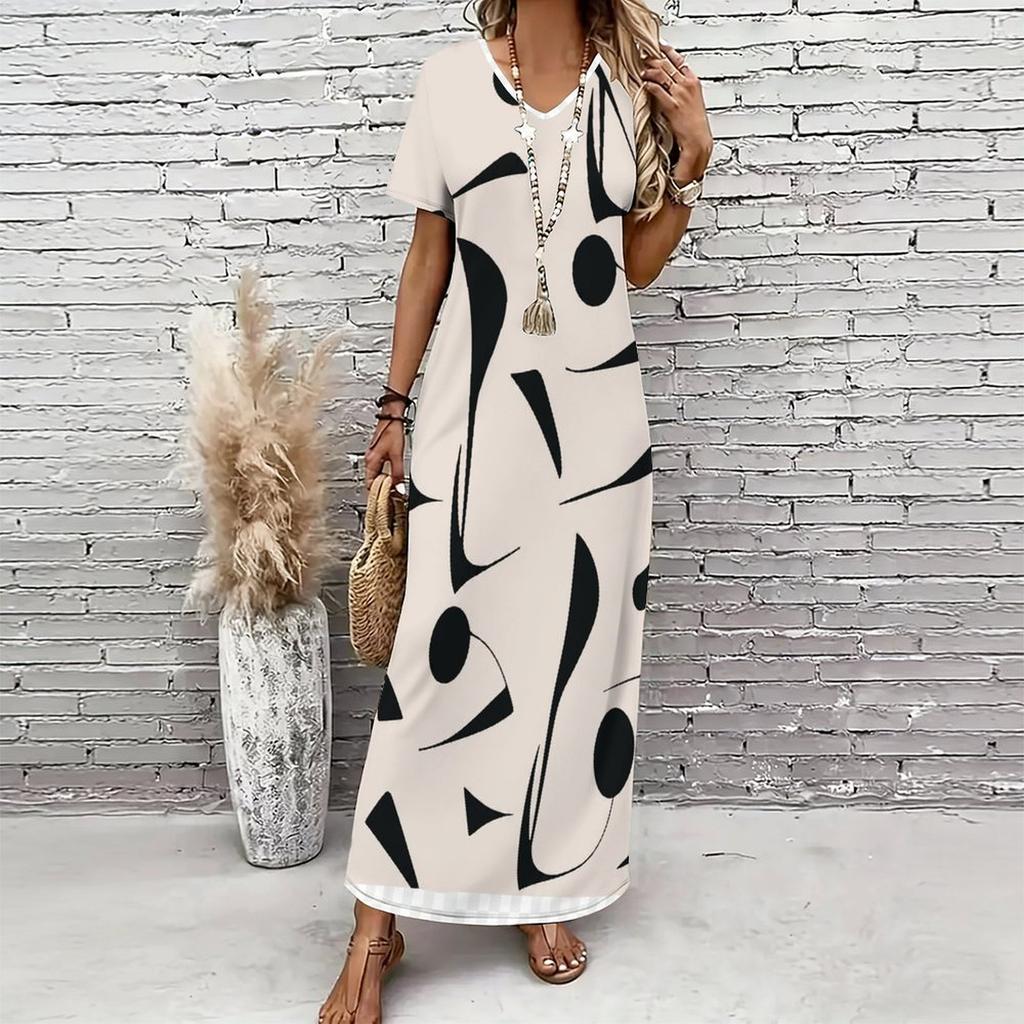 Women Plus Size V Neck Short Sleeve Blue White Printed Straight Maxi Dress