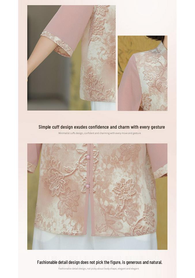 Elegant Chinese Style Summer Shirt for Middle-Aged Women - Printed Stand Collar T-Shirt