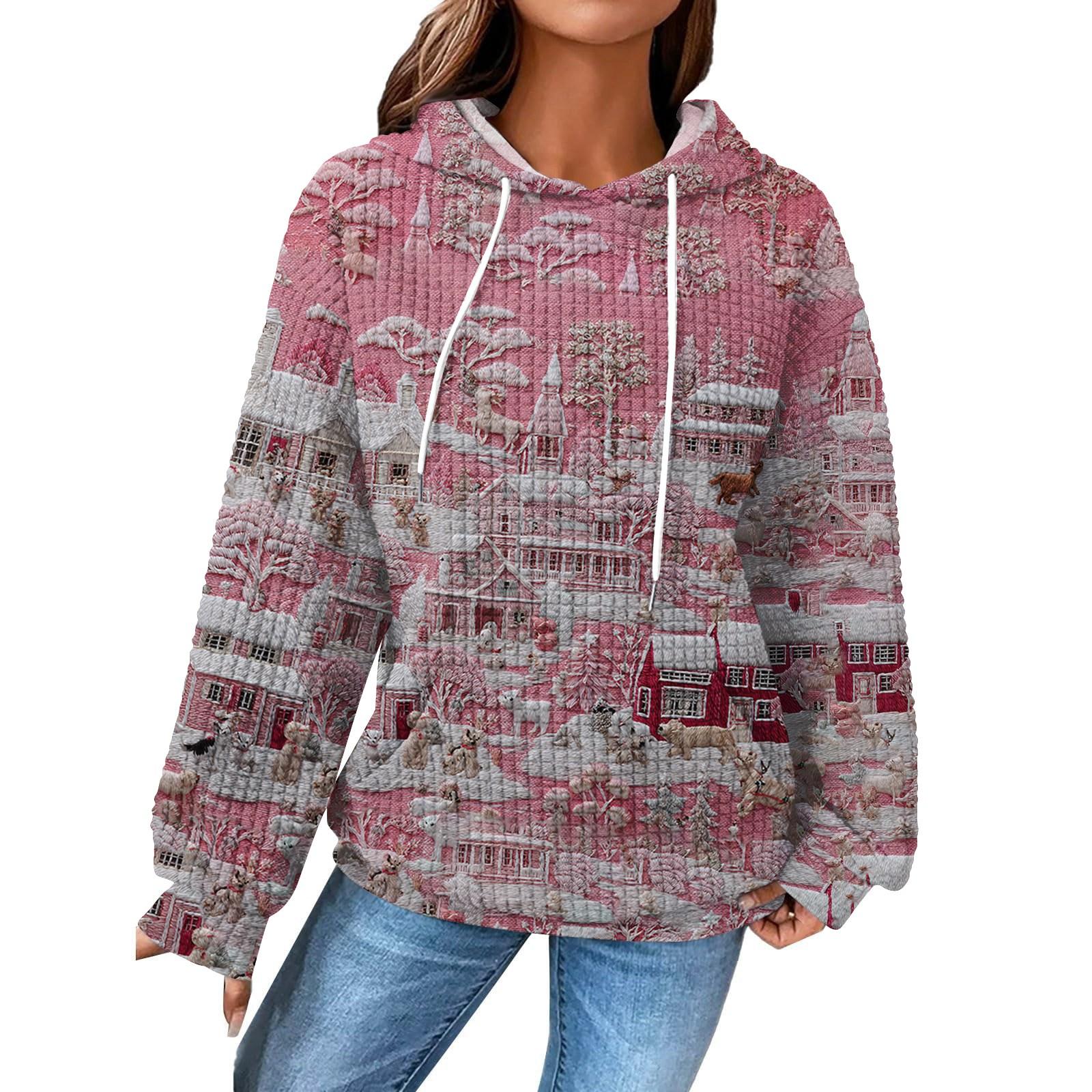 

Жіночий модний вільний худі-пуловер з довгим рукавом у клітинку на шнурку, зі спущеним плечем, кишенею, різдвяним принтом XL рожевий