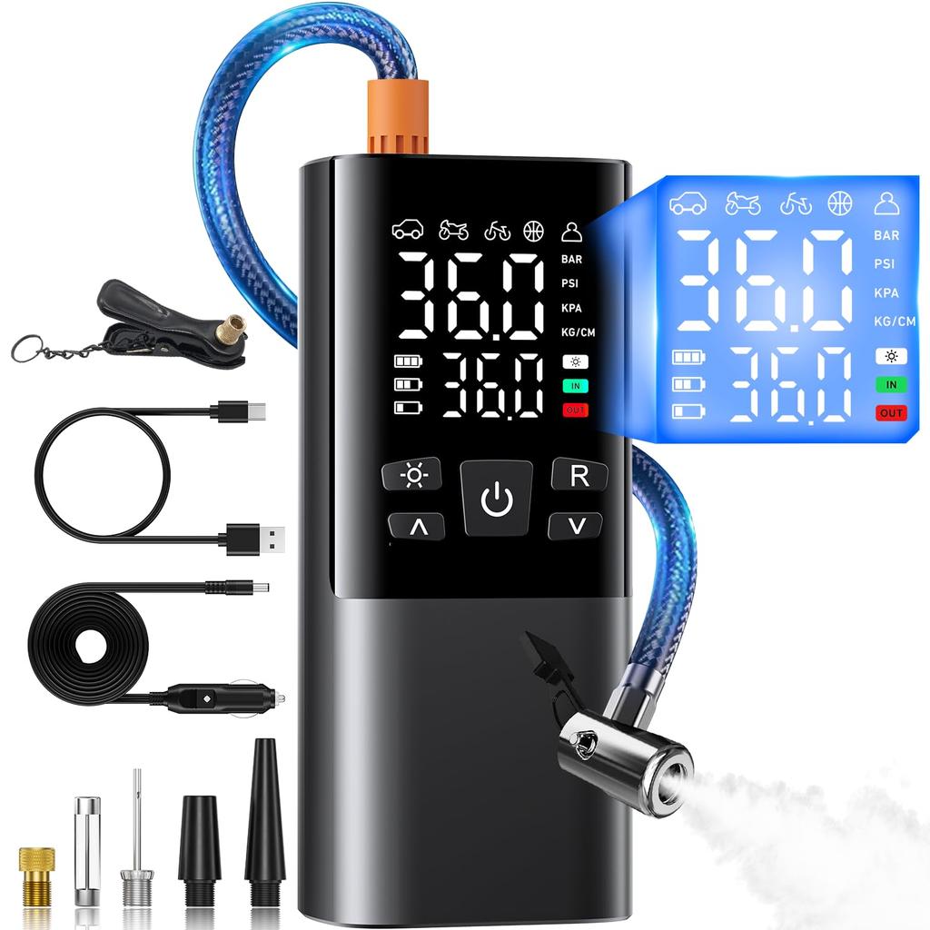 Electric Bicycle Pump for Motorcycles and Auto Maximum Pressure of 150 Fast 6000mAh Compatible with and American Style Includes Lighter LED and