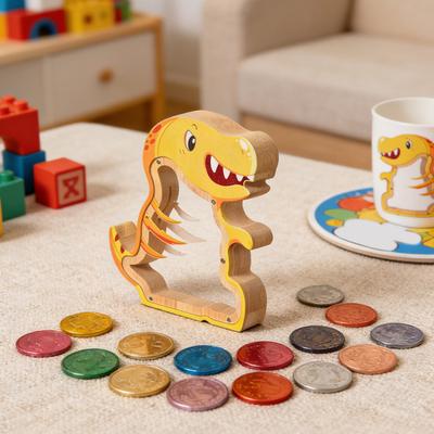 Tirelire Dinosaure en Bois Pièces Espèces Garçons Filles Dessin Animé Contenant Jeunes Enfants Acrylique Transparent Dino Boîte d'Épargne Argent Décoration