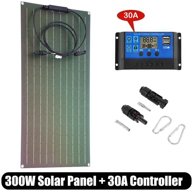 300W Solar Panel Kit 18V ETFE Flexible Monocrystalline Solar Cell Power Charger with 60A Controller for Camping Yacht RV Car 4