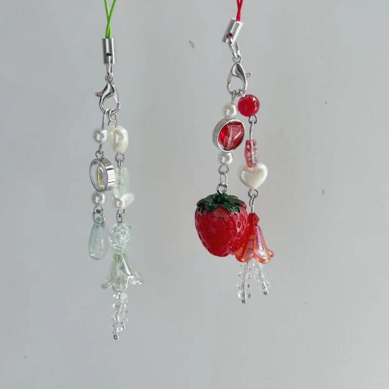 Sweet Strawberry Beaded Phone Charm Straps Car Key Hangings Pendants Fashion Bag Decoration Lanyard Purse Accessories