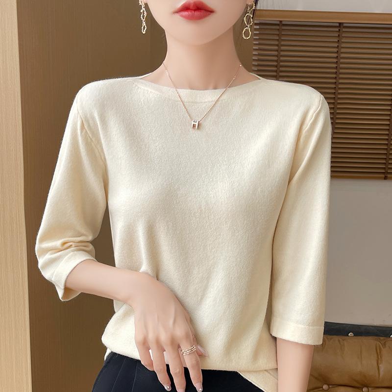 

Spring and summer new knitted one-word neck seven-quarter sleeve knitted pullover bottoming shirt women S