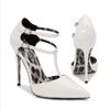European New Leopard Print Pointed Toe Hollow Thin Super High Heel Buckle Strap Sandals Large Size Fashion Catwalk Women Dress Shoes WZ-18091-52