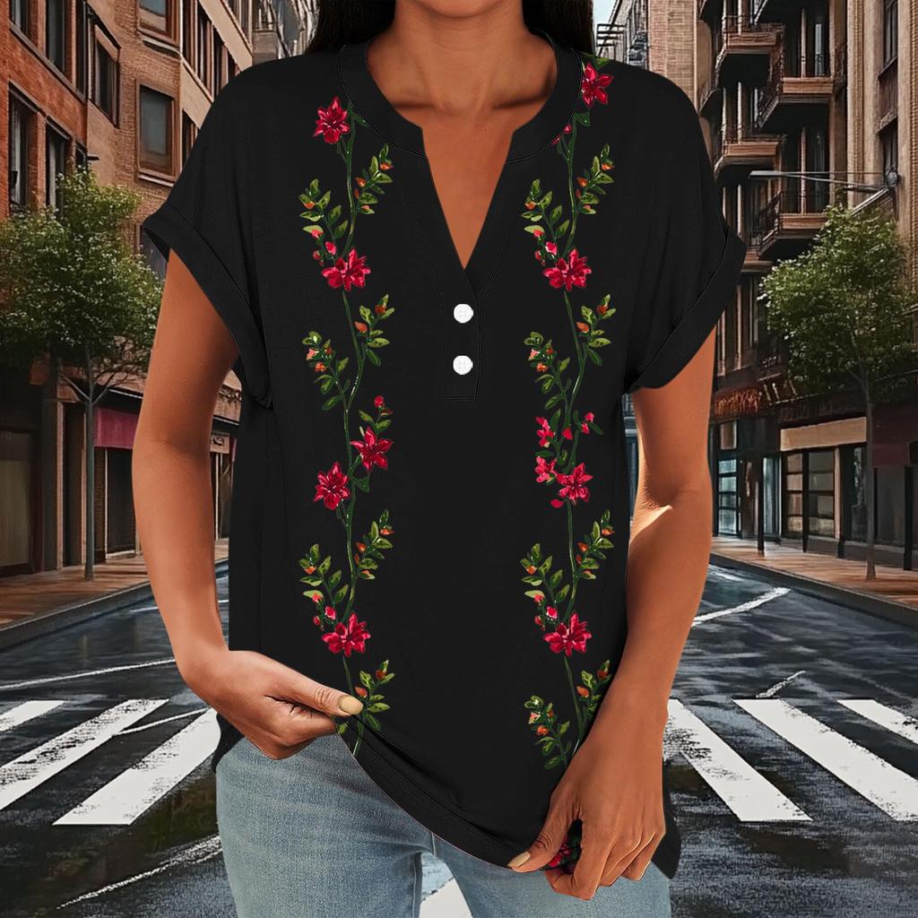 Women Casual Loose Fit Short Sleeve V Neck Button Floral Print Top Lightweight Summer Blouse