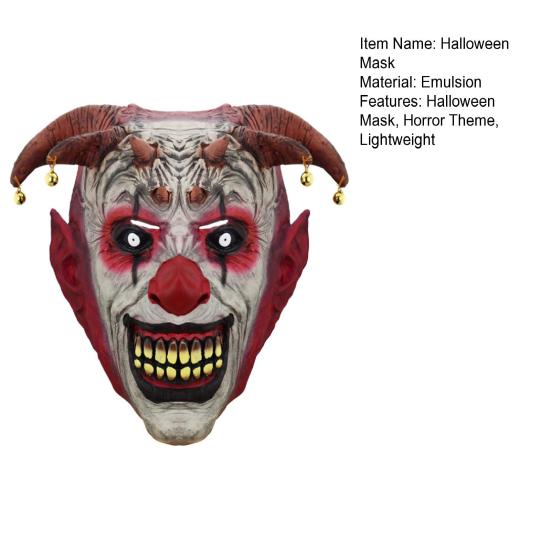 Realistic Halloween Mask Scary Devil Horns Mask, with Bell Decor, Breathable Comfortable Transparent Vision Latex Headgear, for Adult Cosplay