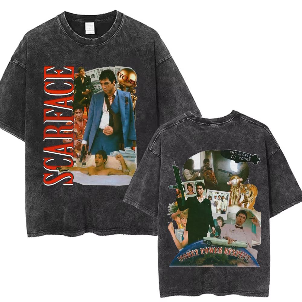 

Vintage Washed Movie Scarface The World Is Yours Tshirt Tony Montana Al Pacino Tshirts Men Women Cotton Oversized T Shirts S