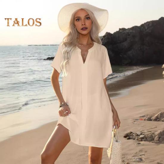 

Женское платье-рубашка миди с v-образным вырезом и коротким рукавом, повседневное однотонное свободное платье, блузка, топ, пляжное накидка для отпуска M чёрный