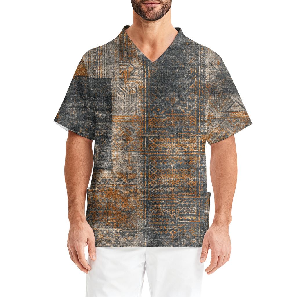 Men's Printing Short Sleeve V-neck Working Blouse Chest Pocket Carer Top