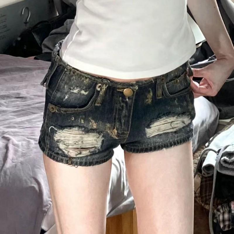 Low Rise Distressed Denim Shorts Women - Slim Fit High Stretch Ripped Mini Jeans Short Pants