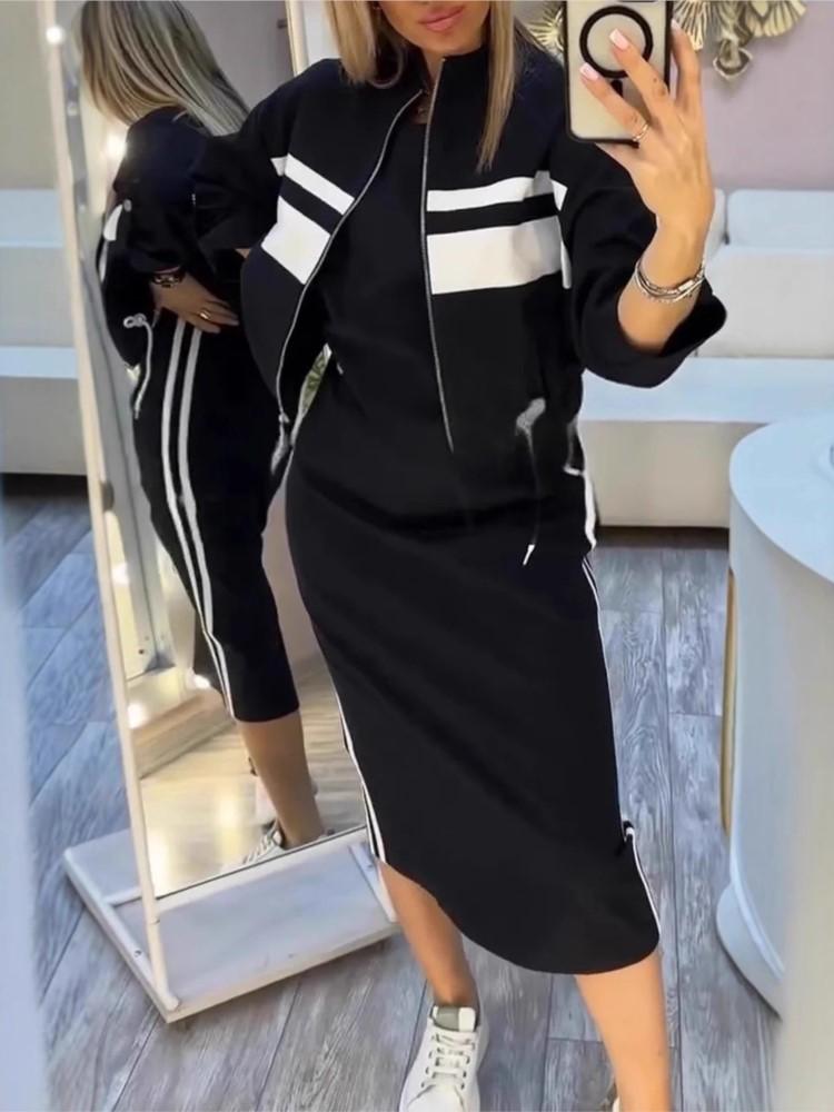 

Women s Fashion Color-blocked White Striped Hip-covering Sweatshirt Dress 2piece Set Female Casual Zipper Jacket Coat Dress Suit XS чорний