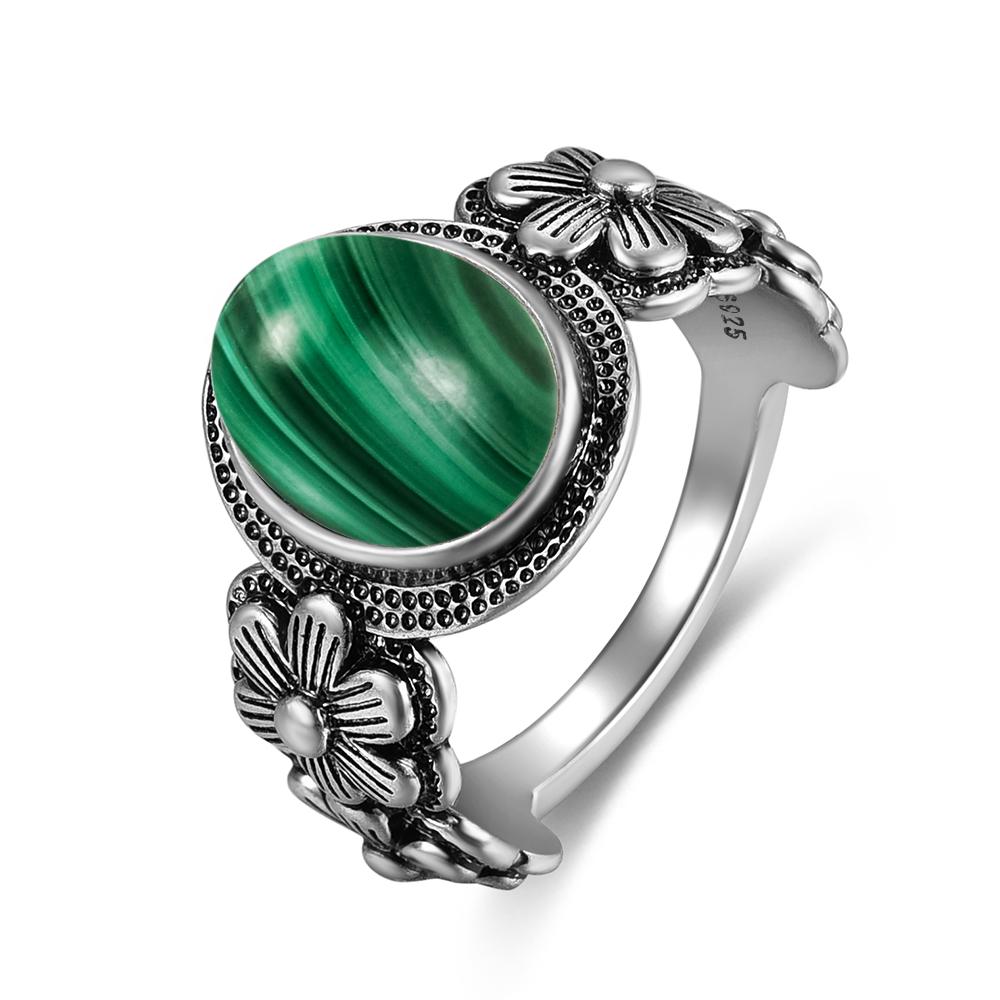 Vintage S925 Silver Ring Oval Round Natural Malachite Ring Sun And Flower Shaped Retro Fine Jewelry For Women Men