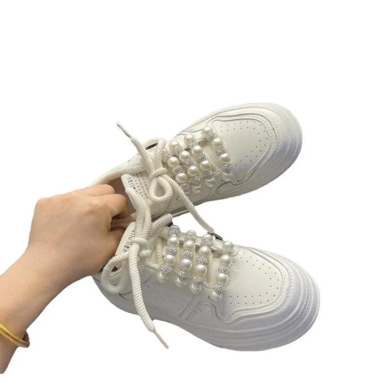Thick Bottom Pearl Embellished Women's Sport Shoes Casual Trendy Rubber Outsole Synthetic Upper Versatile Platform Sneakers