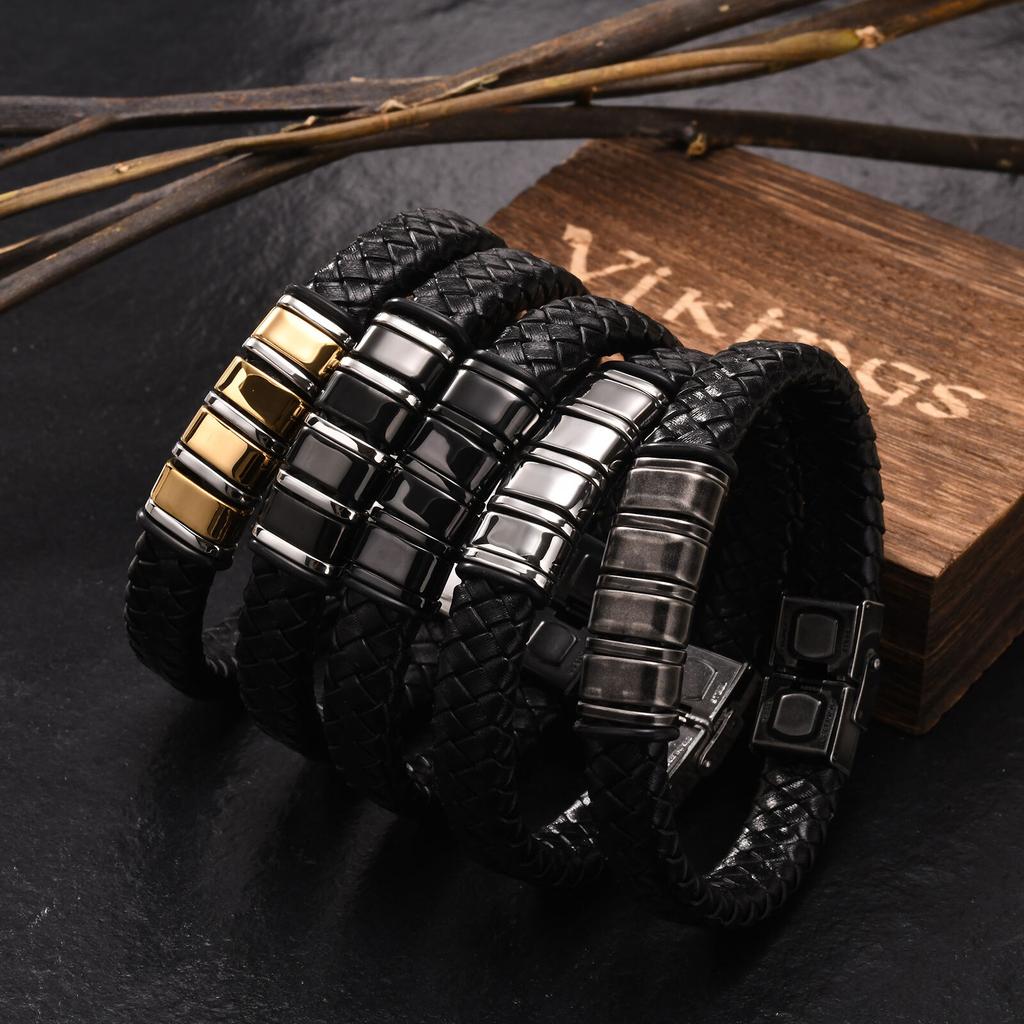 Vnox Free Personalized Family Names Stainless Steel Beads Bracelets Gift for Dad Grandpa, Mens Leather Wristband,Christmas Gift