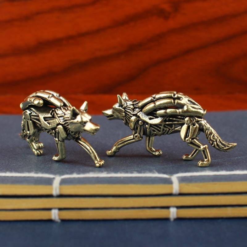 Saf Pirinç Kurt Heykeli Masaüstü Süsü Çay Seti, Vintage Bronz Hayvan Figürü Minyatür Dekorasyon