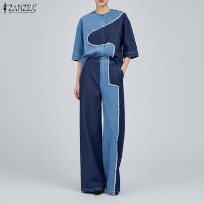 Women Half Sleeve Blouse and Long Pants Patchwork Casual Two Piece Suit Sets