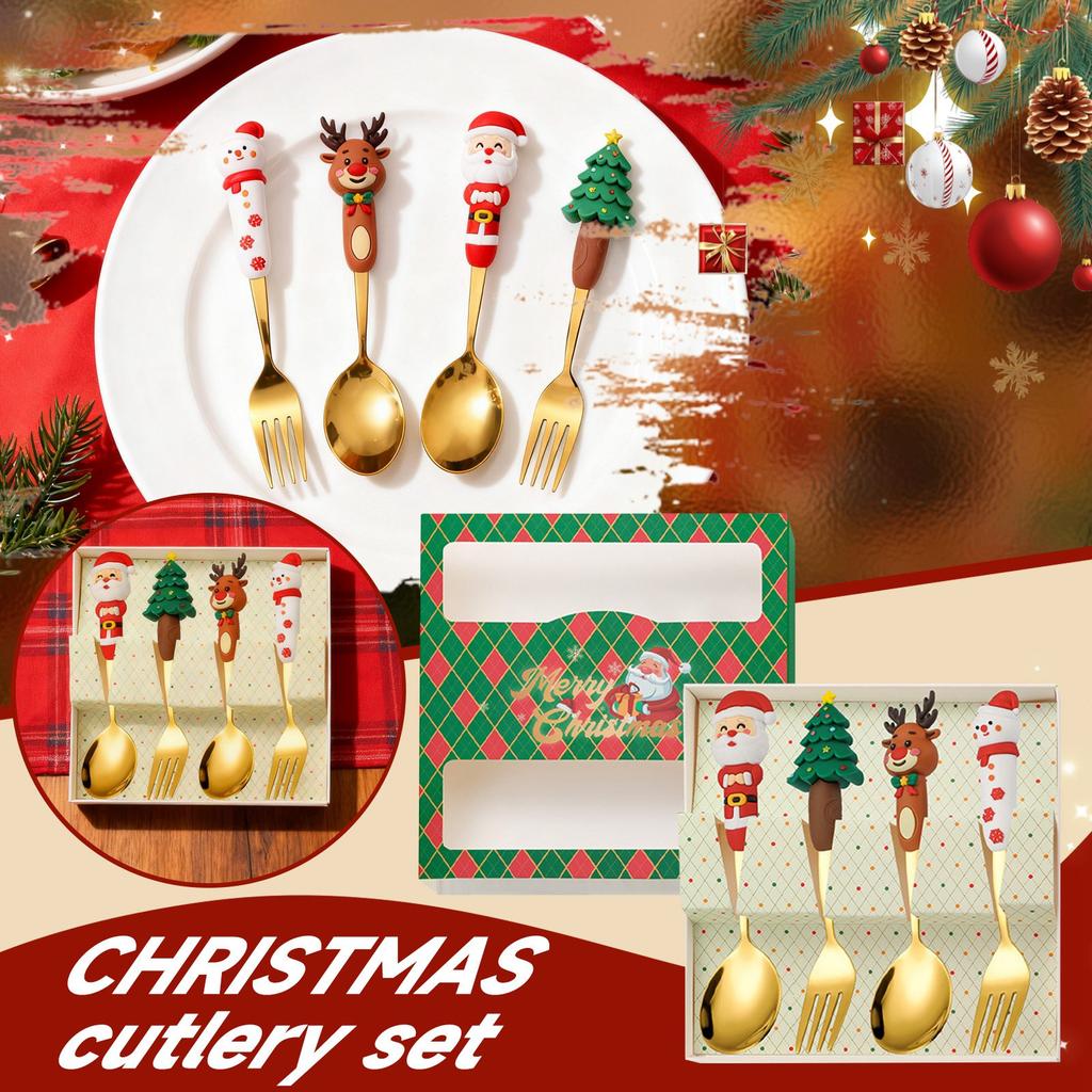 4 Piece Christmas Cutlery Set  Christmas Tree, Christmas, Snowman, Tea Fork, Soup Fork, Coffee Fork, Stirring Spoon, Fruit Fork, Meat For
