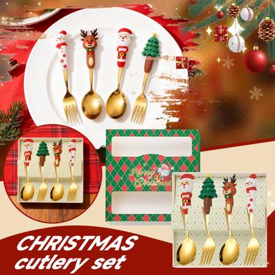 4-teiliges Weihnachtsbesteck Set Weihnachtsbaum, Weihnachten, Schneemann, Teegabel, Suppengabel, Kaffeegabel, Rührlöffel, Obstgabel, Fleischgabel