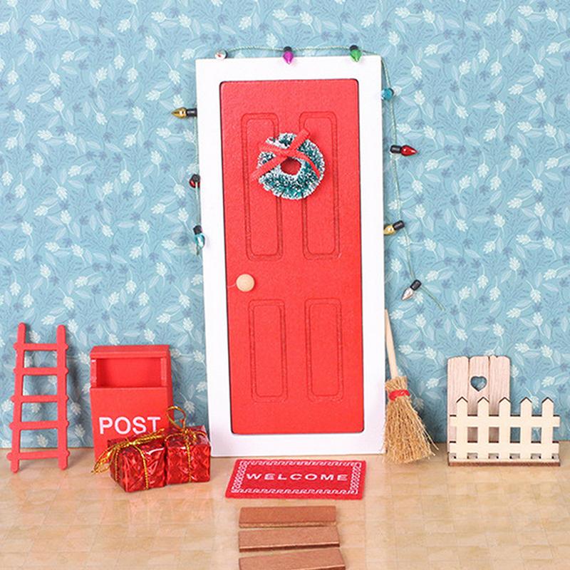 Dollhouse Miniature Wooden Red Fairy Tooth Elf Gnome Tiny Door Mini Red Christmas Door Mini Elf Door Decorative Scene Props