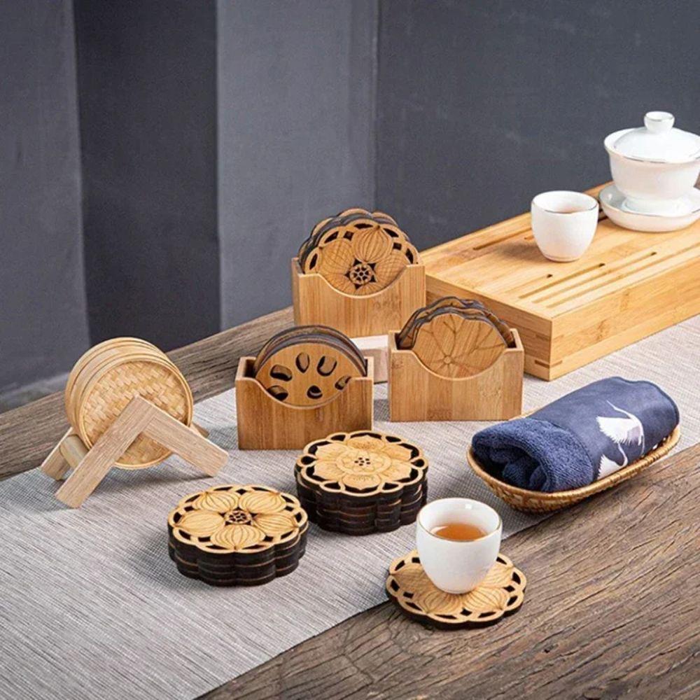 6Pcs/Set Chinese Style Wooden Round Cup Mat Lotus Flower Tea Cups Coaster  Home Decoration