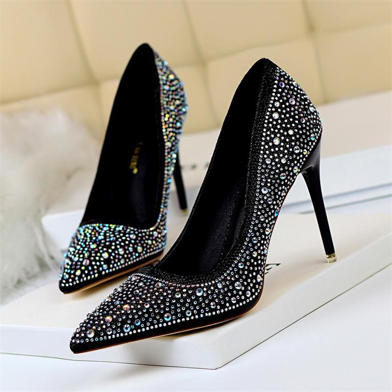 Fashion Shallow Mouth Pointed Color Rhinestone Pumps Fashion Wedding Party Women Sweet Pump Stiletto Thin High Heel Single Shoes