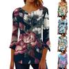 Button-down shirts voor dames Print Tuniek Zomertops Chic Casual Bell 3/4 mouw V-hals Lenteblouses