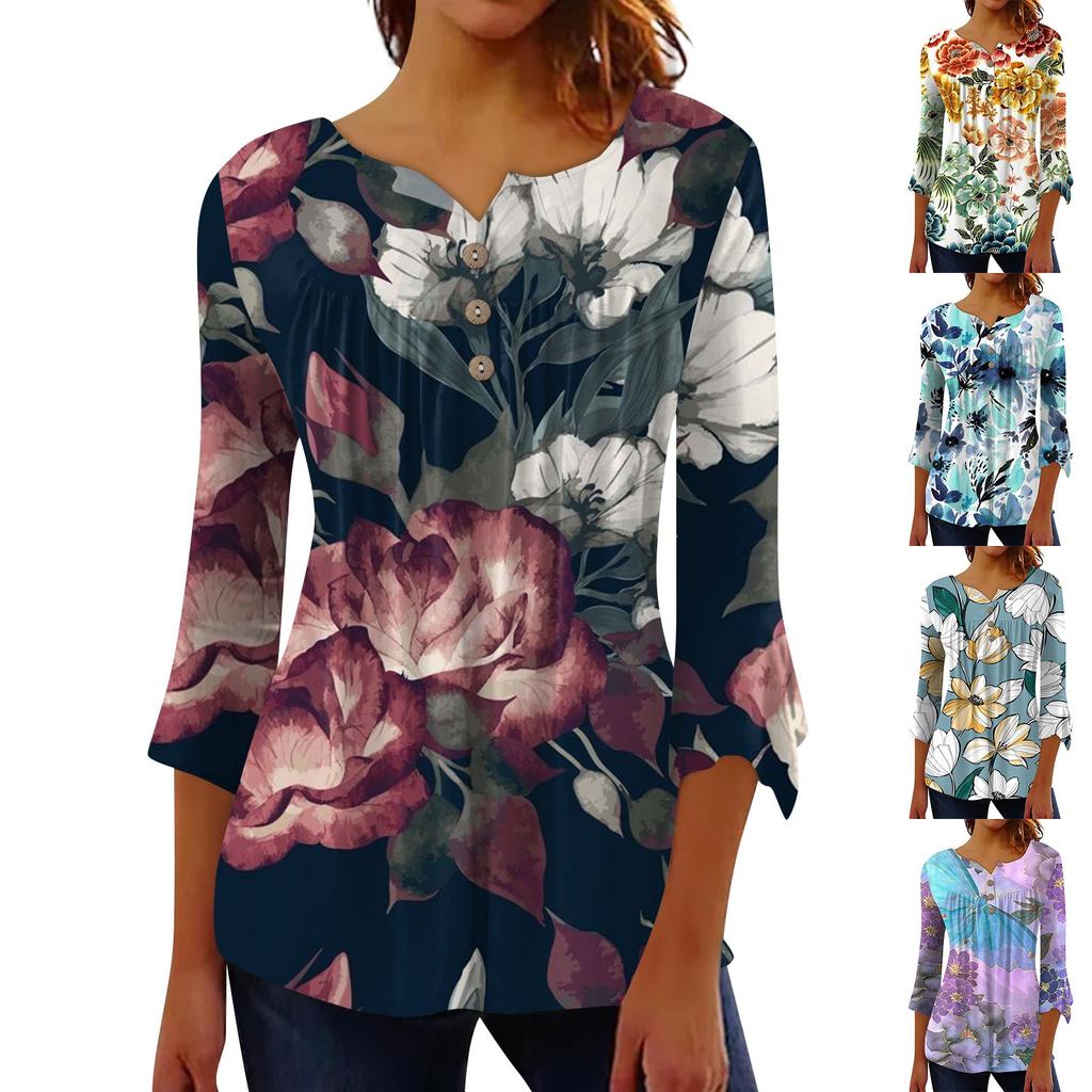 Button Down Shirts For Women Print Tunic Summer Tops Dressy Casual Bell 3/4 Sleeve V Neck Spring Blouses
