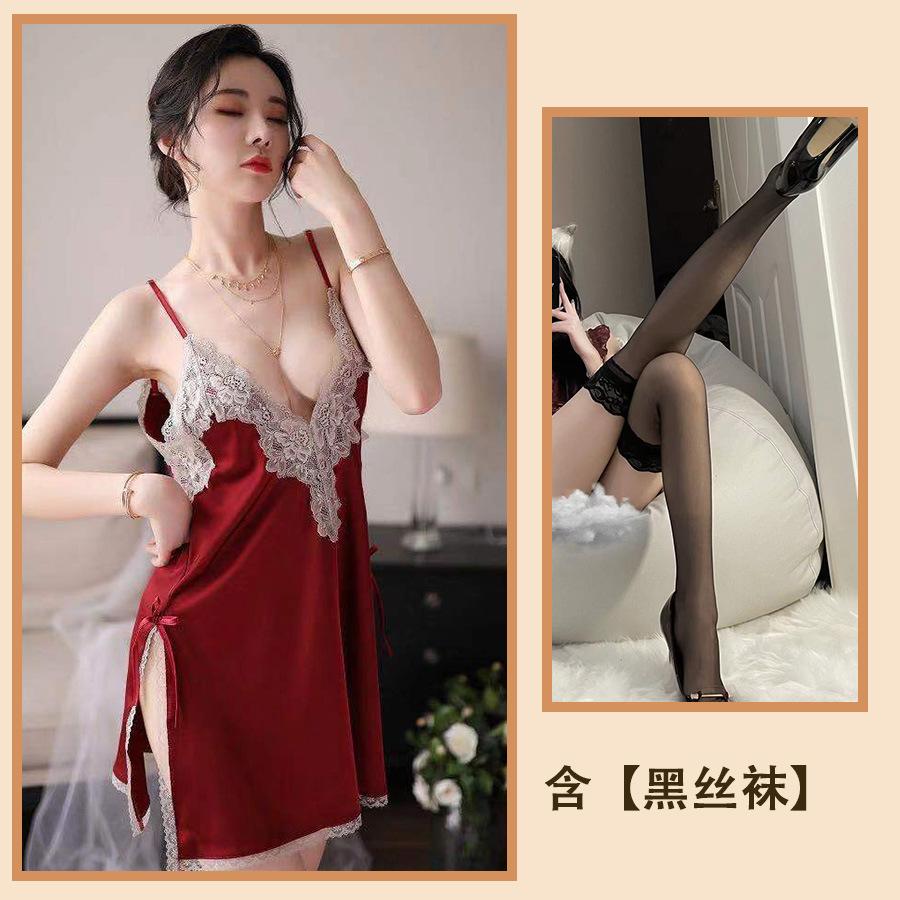 Sexy spodní prádlo Ledové hedvábí Svádění Sexy rozparkové pyžamo Květiny rozpustné ve vodě Duté podvazkové pyžamo Domácí Velká velikost Ženy