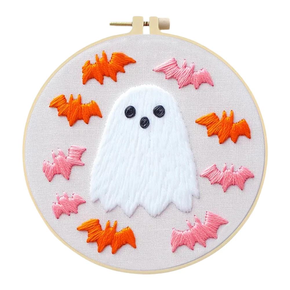 Halloween Stamped Cross Stitch Embroidery Kits with Hoop Cloth Color Thread for Beginners DIY Arts Ornament Cross Stitch Sets