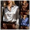 Frühling Herbst Damen Blau Satin Leopardendruck Kragen Langarm Knopfleiste Hemd