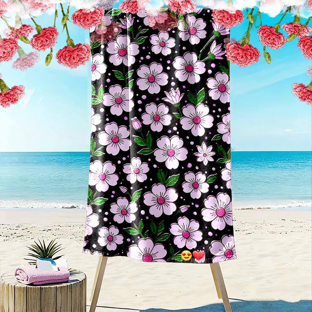 Pink Floral Pattern on Black Beach towel quick-drying for travel outdoor sports jogging beach and swimming