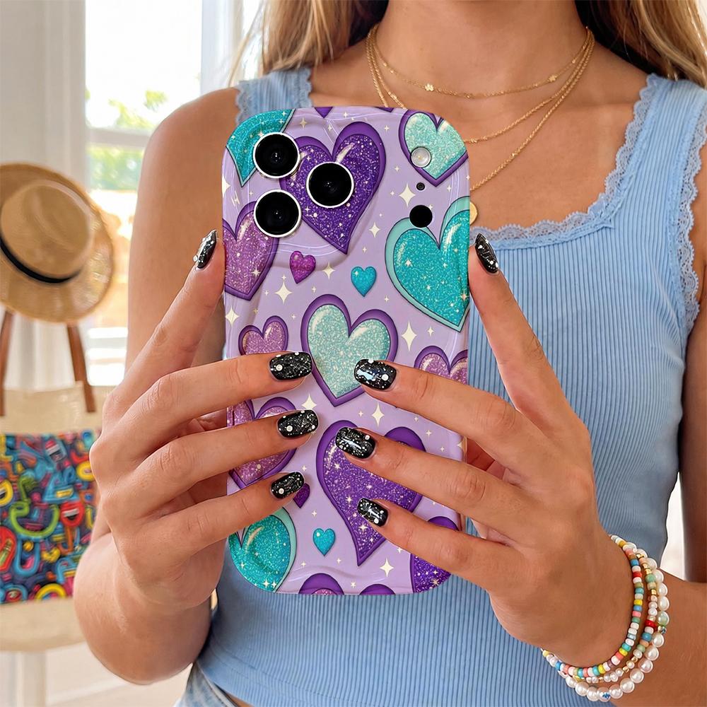 Glitter Purple Blue Heart Wavy Edge Phone Case For iPhone 17 16 15 14 13 12 11 8 7 Plus Pro Max Sparkle Love Soft Cover
