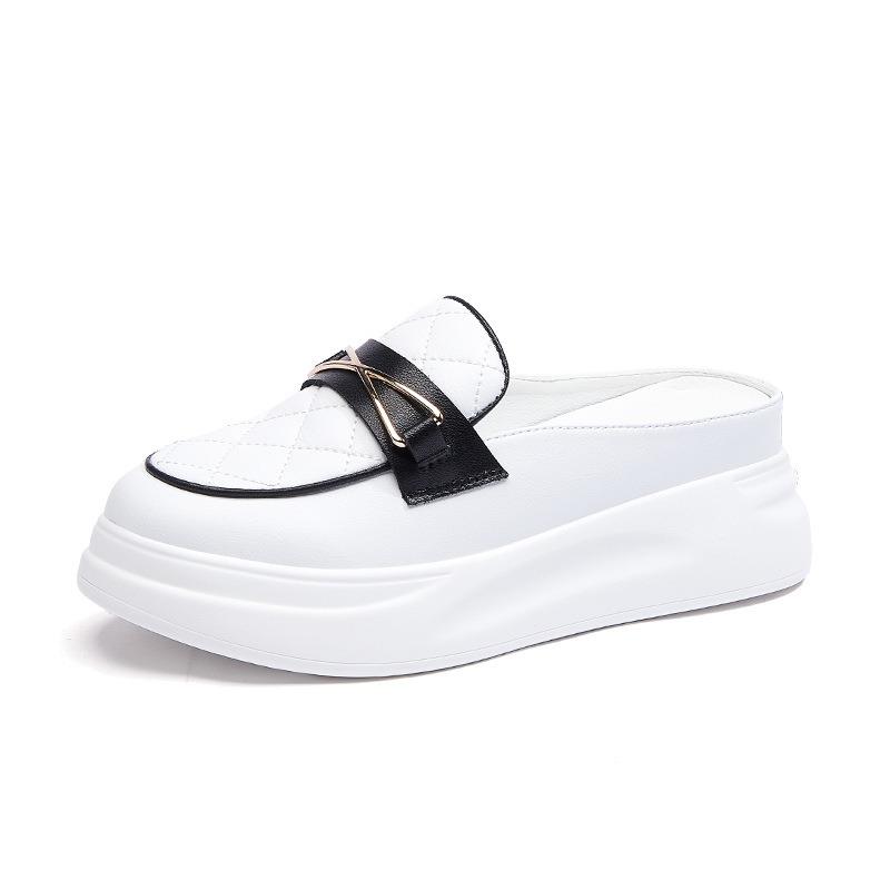 Women's summer breathable leather thick-soled heightening slippers new lazy one-pedal casual sandals women