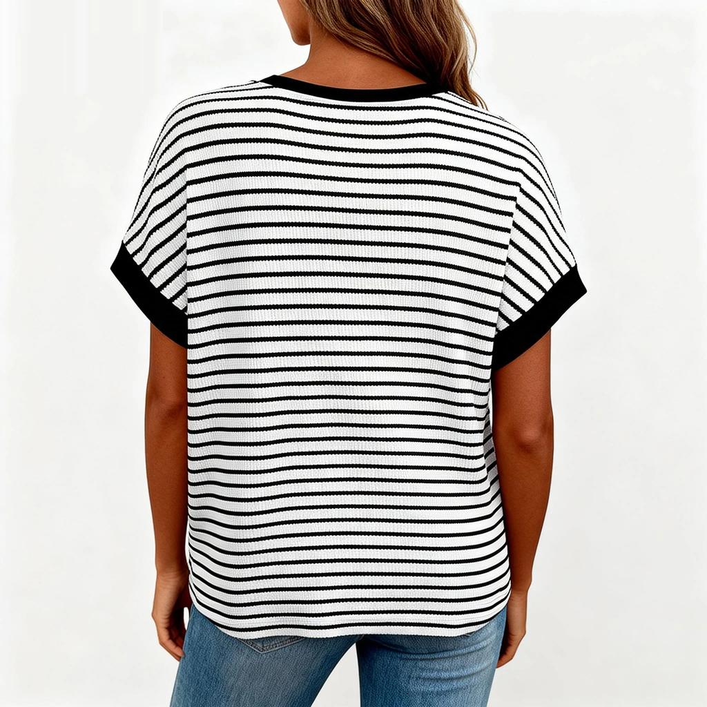 Dames Casual Gestreept Gebreid Top met Korte Mouwen