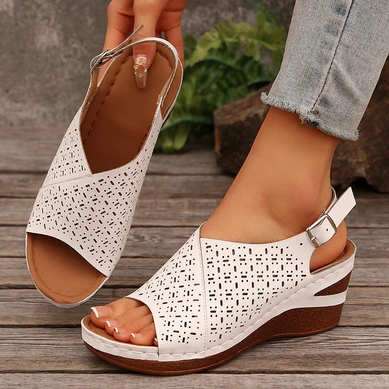 Fashion Hollow Out Wedge Sandals for Women Summer 2025 Chunky Platform Rome Shoes Woman Plus Size Vintage High Heels Sandles Female 43