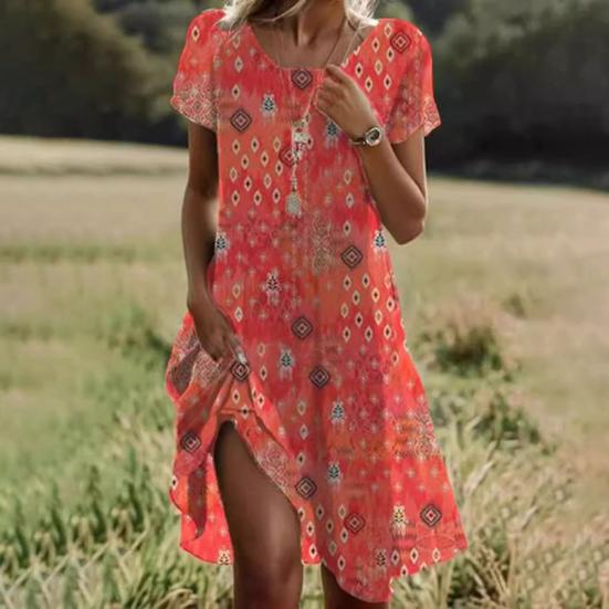 Lady Summer Dress Tečkovaný potisk Posádkový výstřih Krátké rukávy A-Line Volný Etnický styl Velký lem Denní nošení Volný čas Midi šaty