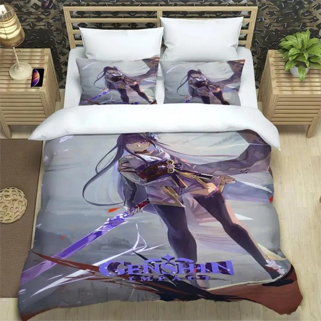Genshin Impact Print 3 Piece Bedding Set For Boys Adults Quilt Cover Pillowcases Soft Comfortable Fashion Bedding