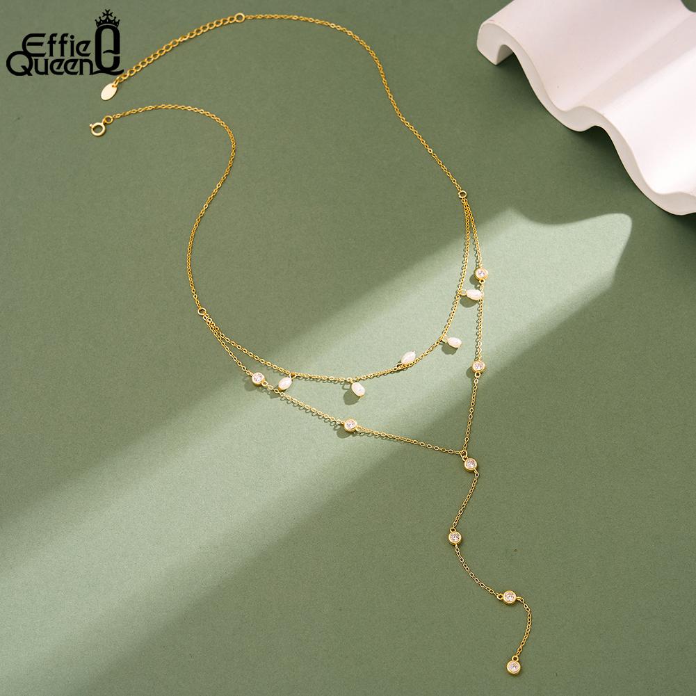 EFFIE QUEEN Fashion 925 Pure Silver 5A Cubic Zircon Y Shape Chain Necklace Party Sexy Y Long Pearls Necklace Jewelry Gift BQN31