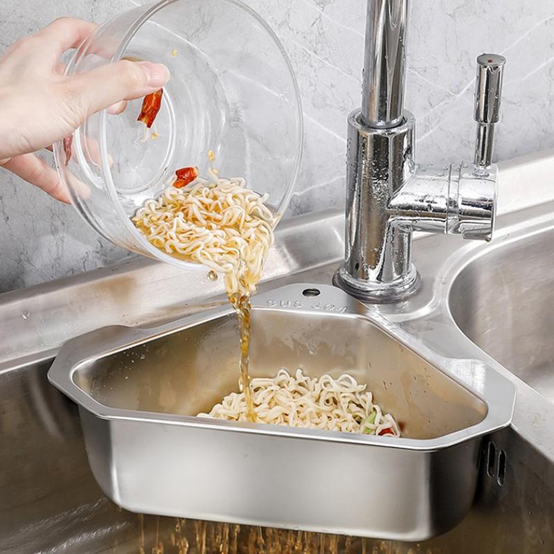 Cesto Escurridor Triangular de Acero Inoxidable Estante Filtro para Fregadero de Cocina Escurridor de Frutas y Verduras Cesto Estante de Almacenamiento Barra con Ventosa