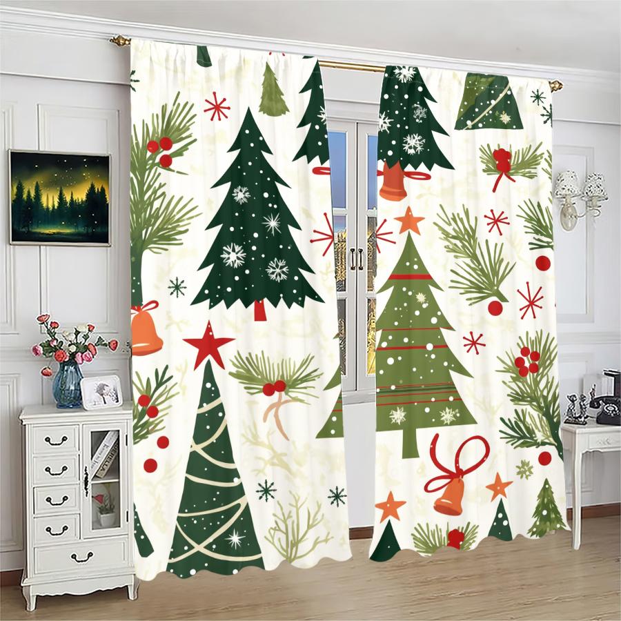 Cartoon Christmas Tree Printed Curtains, Pole Bag Curtains, Christmas Decorations, Daily Home Decorations, Room Decorations