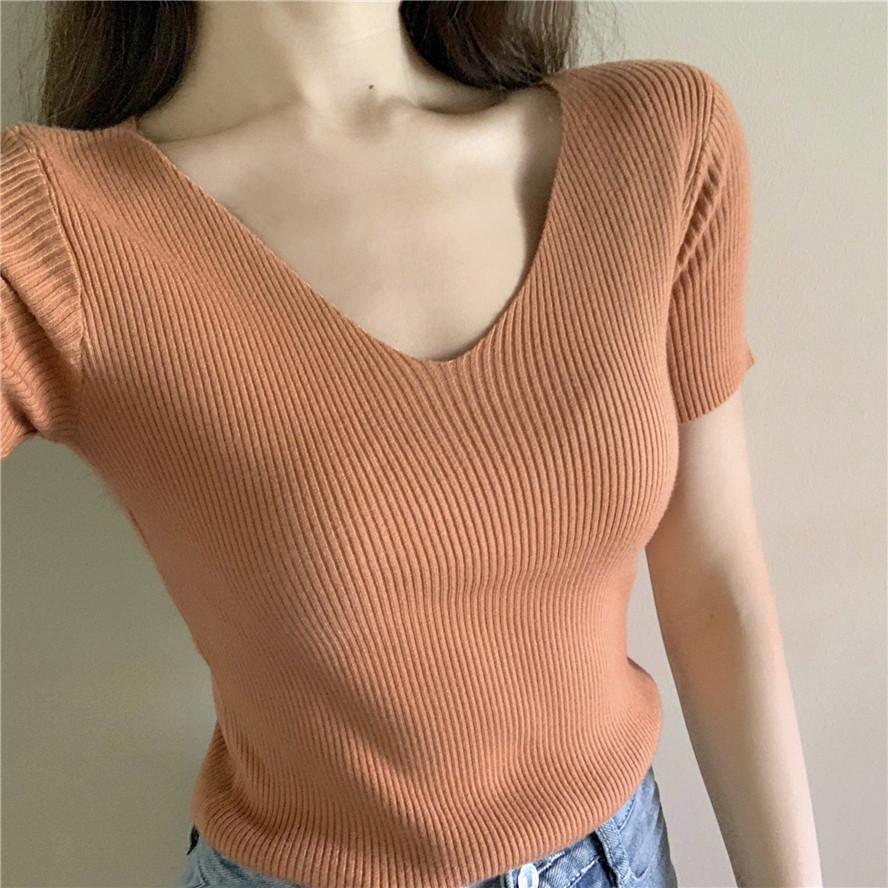 Sommer Slim Dünnes V-Ausschnitt Unterhemd Retro Kurzarm T-Shirt Hundert Gestrickte Pullover Tops Damen Linie Kleidung Lässige Slim Fit Pullover T-Shirts