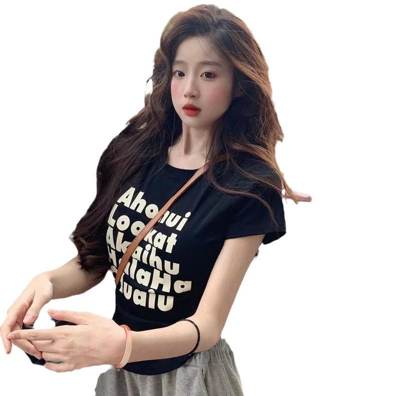 American Alphabet Black Short-sleeved T-shirt Women's Summer 2026 New Korean Version Design Niche Slim-fit Top