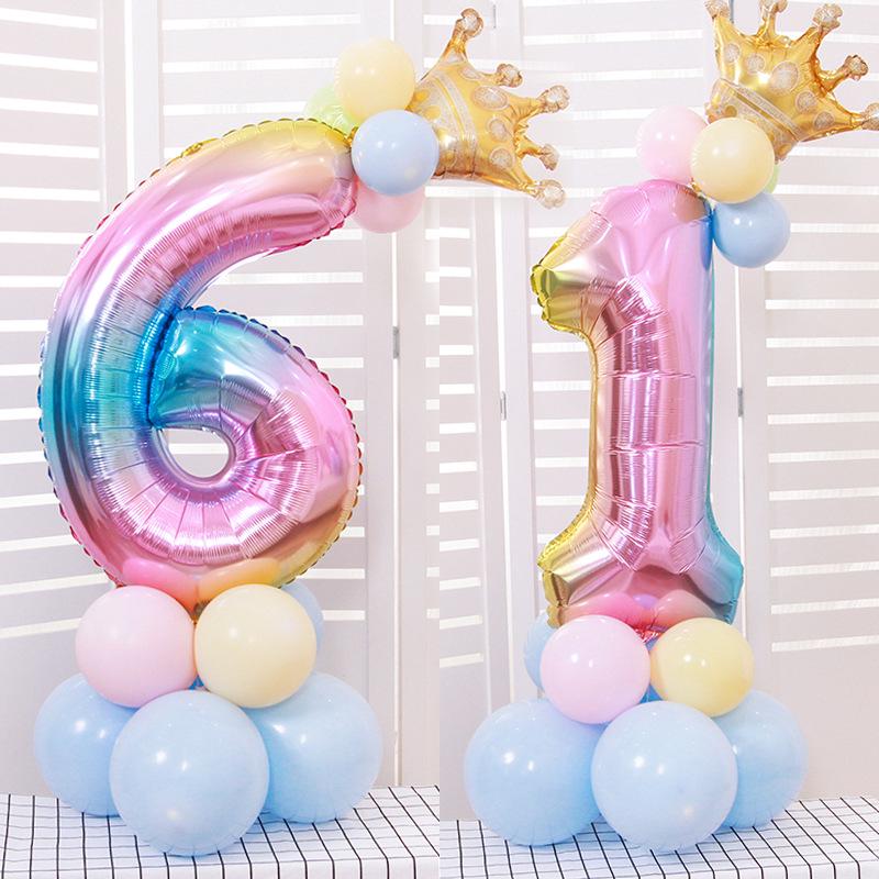 Ballon Numérique 32 Pouces – Dégradé Arc-en-ciel Avec Couronne – Feuille Aluminium – Pour Anniversaire, Baby Shower, Photo – Modèle Chiffre 4