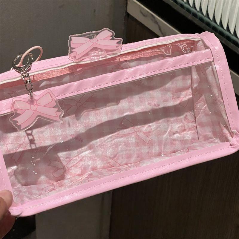 Sweet Bow Zipper Transparent Pencil Case Box Student Stationery Storage Bag Large Capacity Makeup Bag Cartoon Zipper Pen Bag